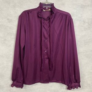Vintage 70s Blouse Womens Large Purple Tie Neck Secretary Disco Glam Brittony